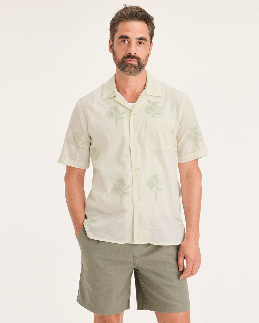 Front view of model wearing Pastime Buttercream Seedling Men's Regular Fit Camp Shirt.