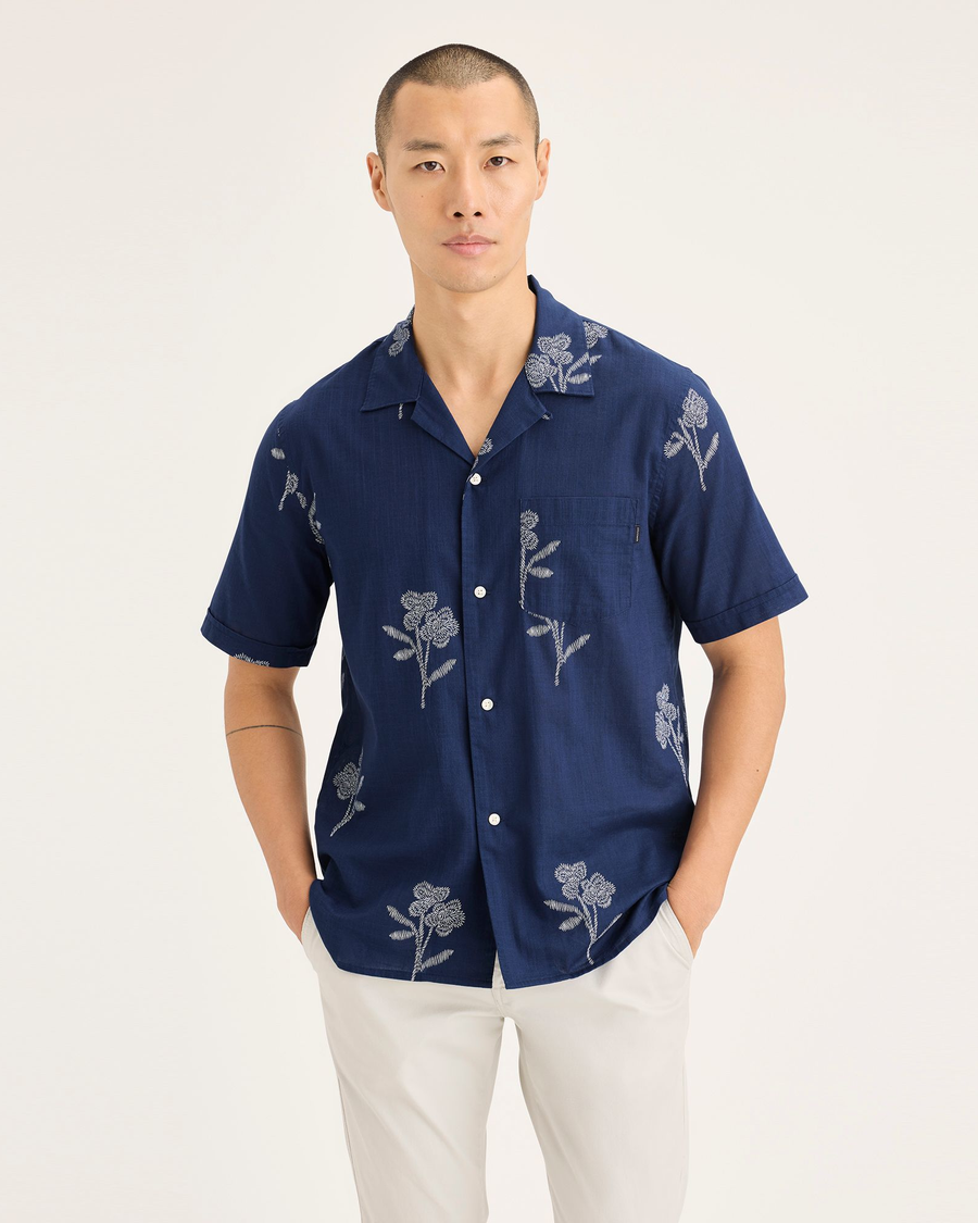 Front view of model wearing Pastime New Blue Men's Regular Fit Camp Shirt.