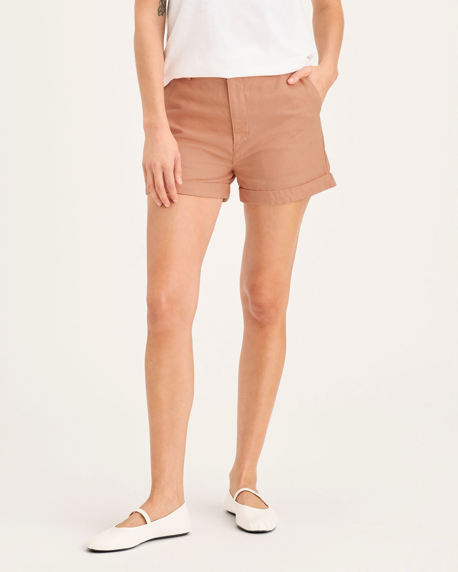 Front view of model wearing Peach Bloom Women's Original Chino Shorts.