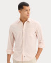 View of model wearing Peach Blush Ultimate Shirt, Regular Fit.