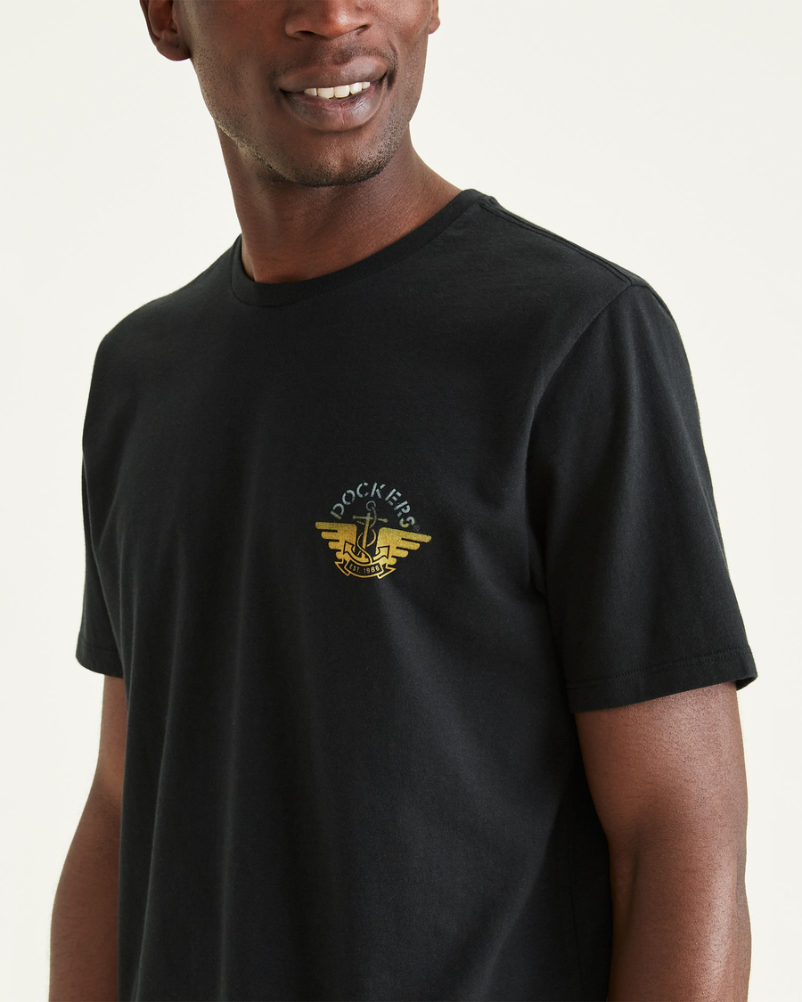 View of model wearing Pembroke Big and Tall Graphic Tee Shirt.