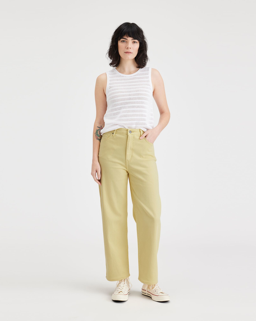 Front view of model wearing Pineapple Slice Wash Women's Straight Fit High Jean Cut Pants.