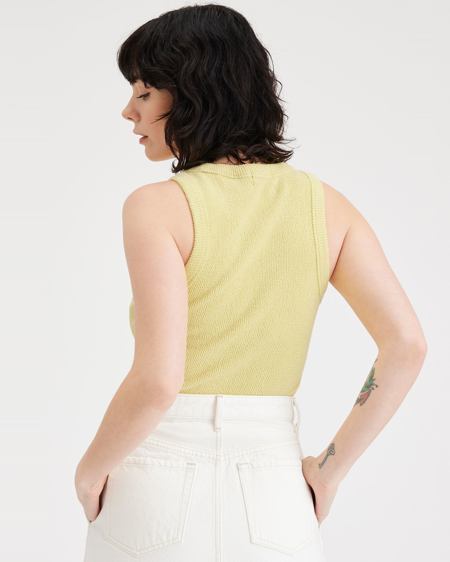 Back view of model wearing Pineapple Slice Women's Slim Fit Knit Tank.