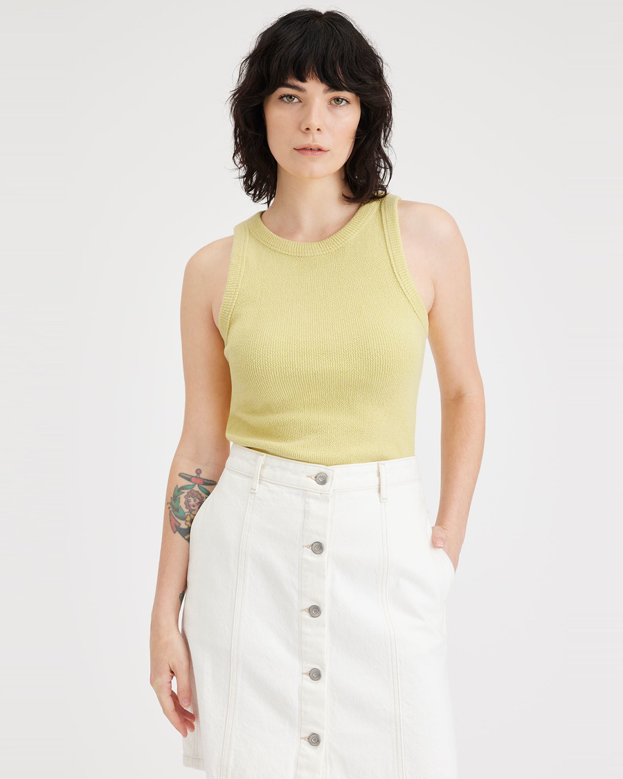 Front view of model wearing Pineapple Slice Women's Slim Fit Knit Tank.