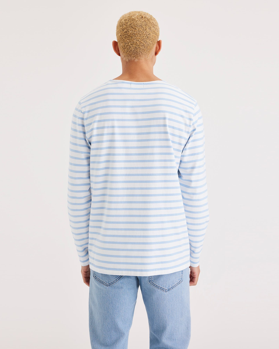 Back view of model wearing Placid Blue Men's Regular Fit Boatneck Shirt.