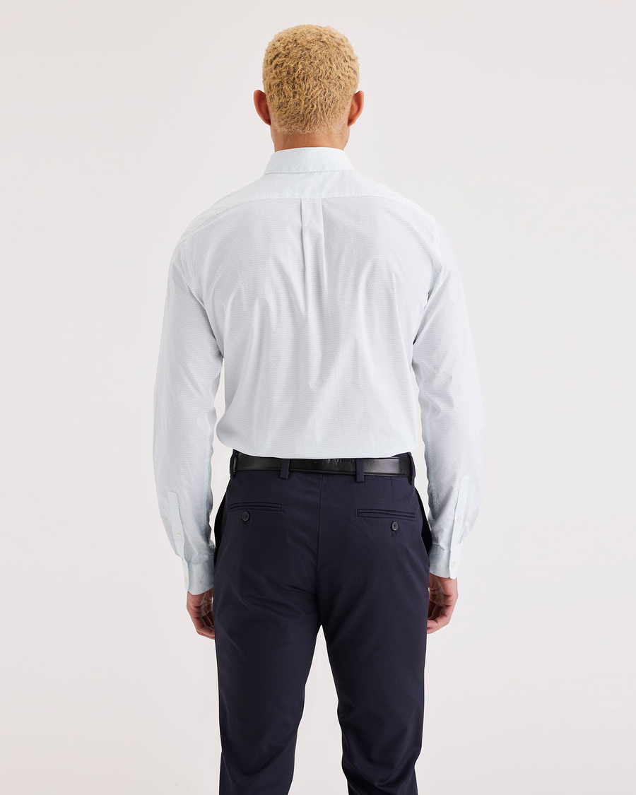 Back view of model wearing Placid Blue Men's Slim Fit Crafted Shirt.