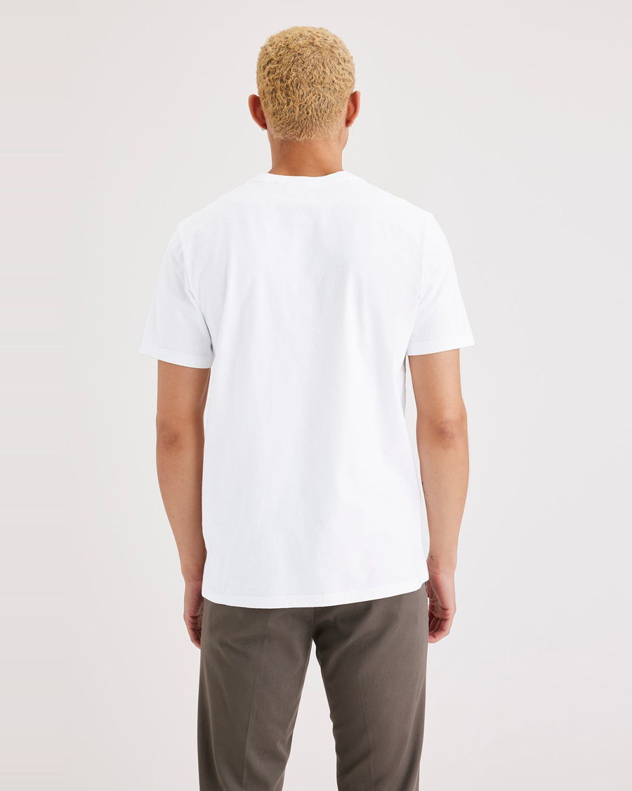 Back view of model wearing Placid Blue Men's Slim Fit Logo Tee.