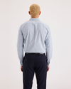 Back view of model wearing Plateau Blue Fin Men's Slim Fit 2 Button Collar Shirt.