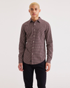 Front view of model wearing Quest Cabernet Men's Slim Fit Icon Button Up Shirt.