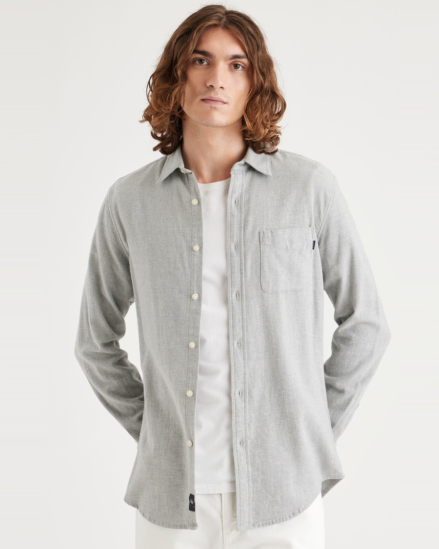 Front view of model wearing Rock Grey Heather Men's Slim Fit Icon Button Up Shirt.