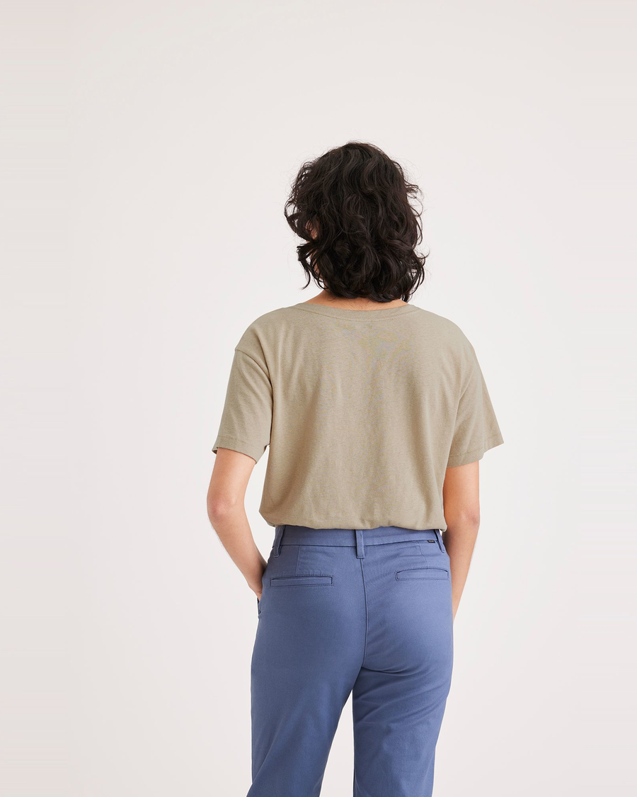 Back view of model wearing Safari Women's Deep V-Neck Tee Shirt.