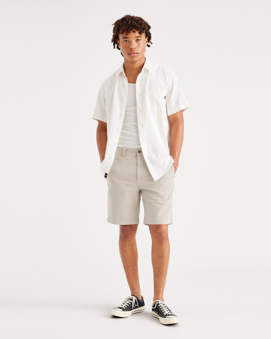 Front view of model wearing Sahara Khaki Alpha Chino Shorts, Straight Fit.