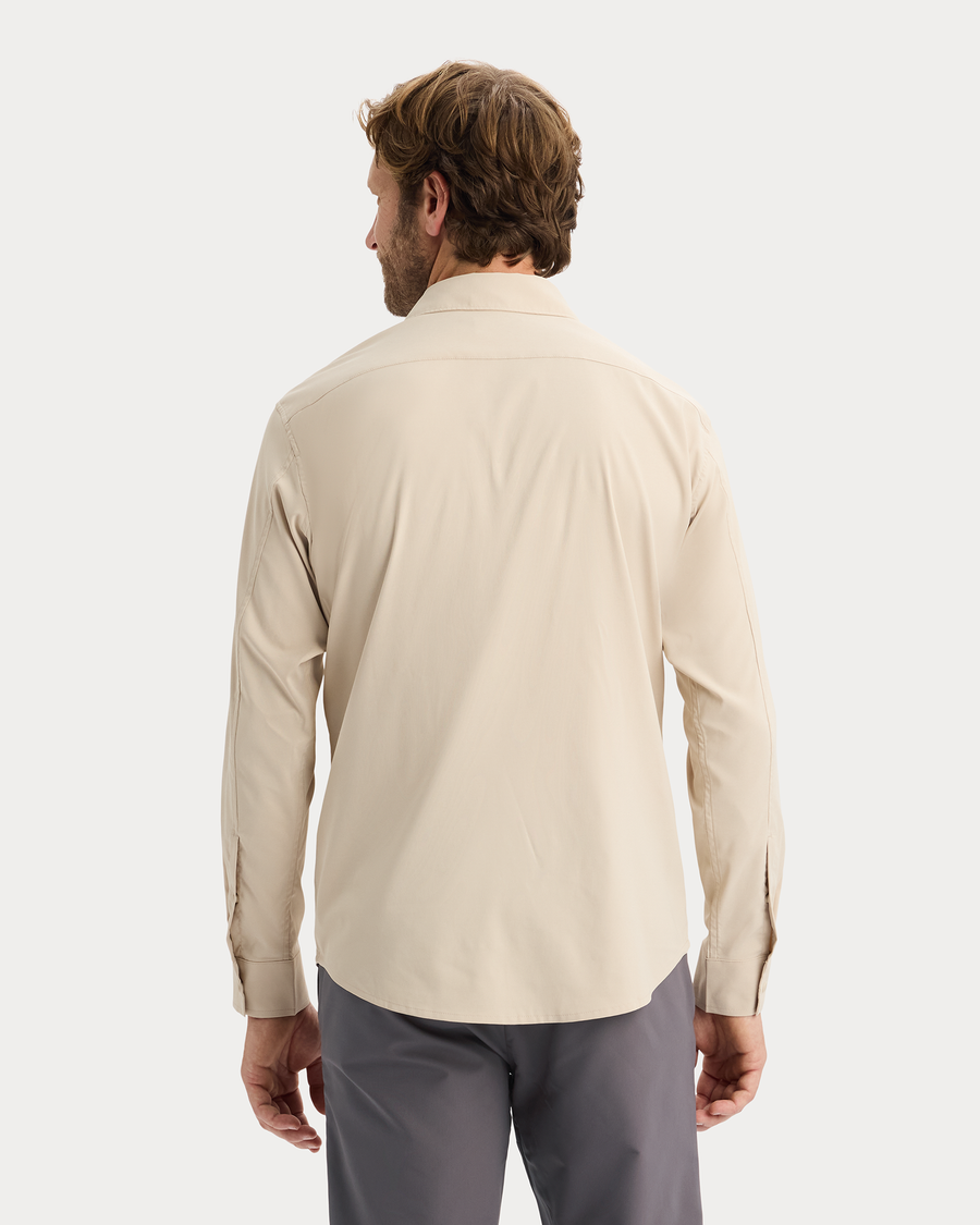 View of model wearing Sahara Khaki Go Shirt Long Sleeve, Regular Fit.