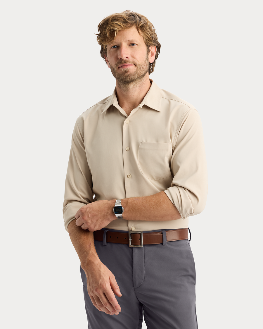 View of model wearing Sahara Khaki Go Shirt Long Sleeve, Regular Fit.