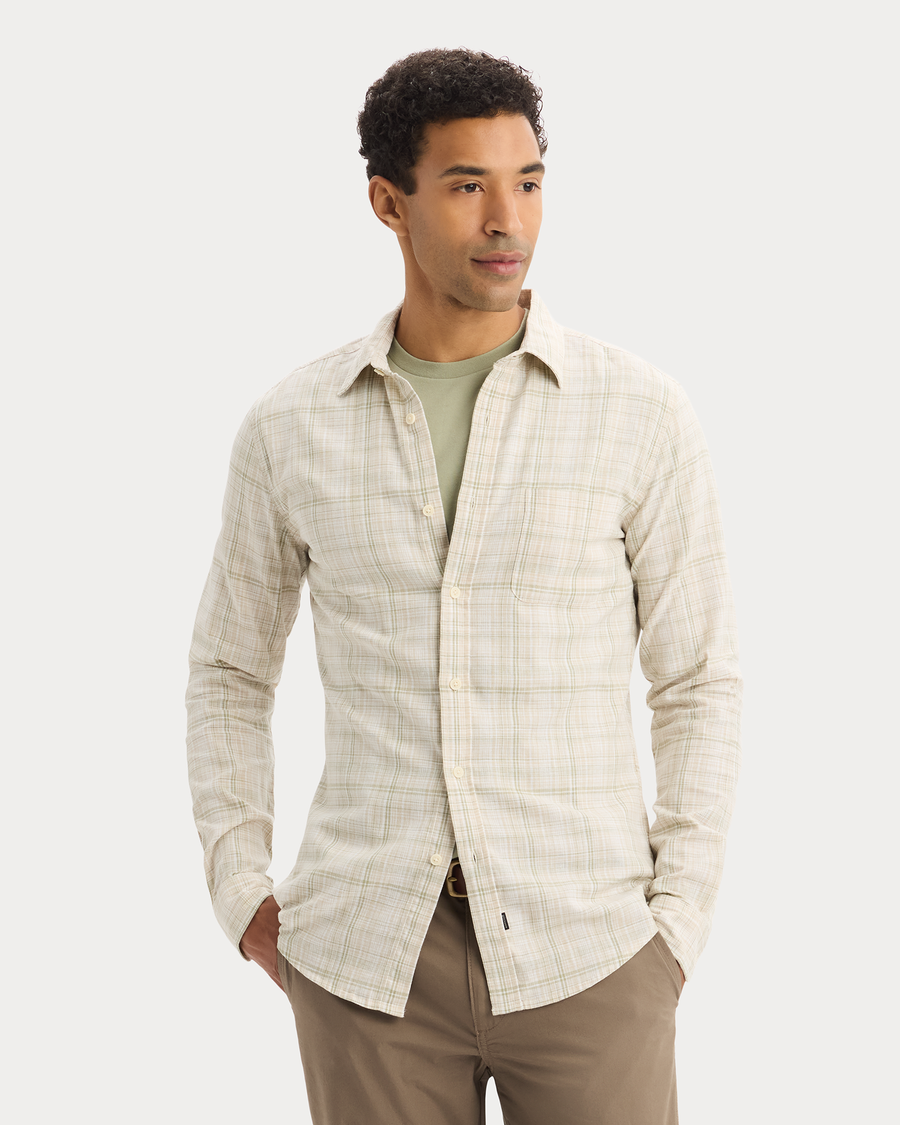 View of model wearing Sahara Khaki Icon Button Up Shirt, Slim Fit.