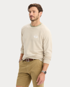 View of model wearing Sahara Khaki Icon Crewneck Sweatshirt, Regular Fit.