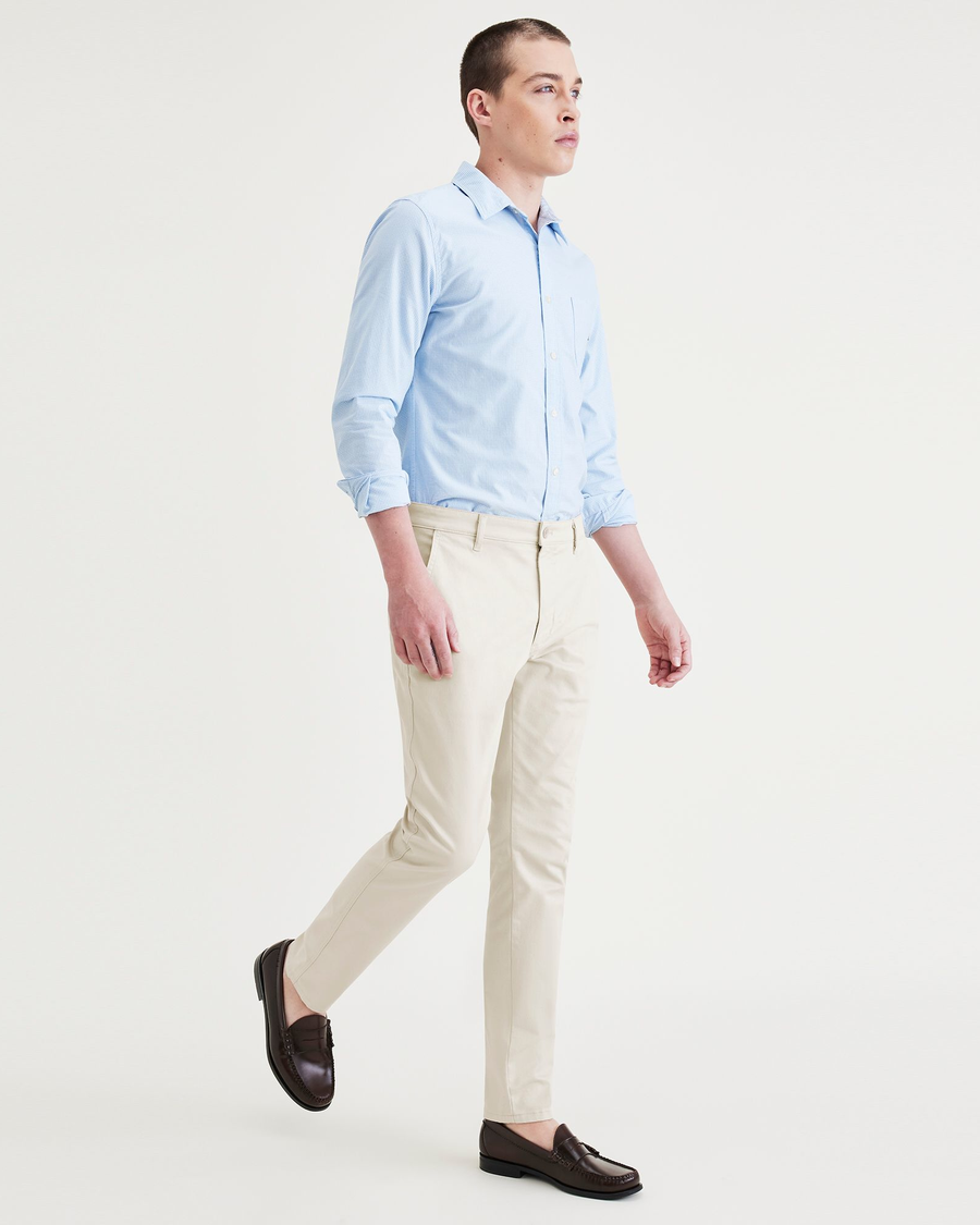 View of model wearing Sahara Khaki Men's Skinny Fit Original Chino Pants.