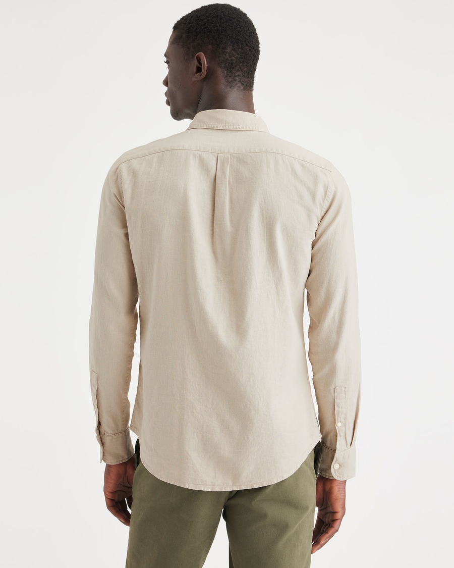Back view of model wearing Sahara Khaki Men's Slim Fit Icon Button Up Shirt.