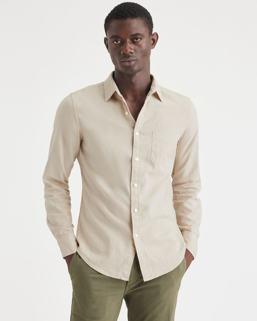 Front view of model wearing Sahara Khaki Men's Slim Fit Icon Button Up Shirt.