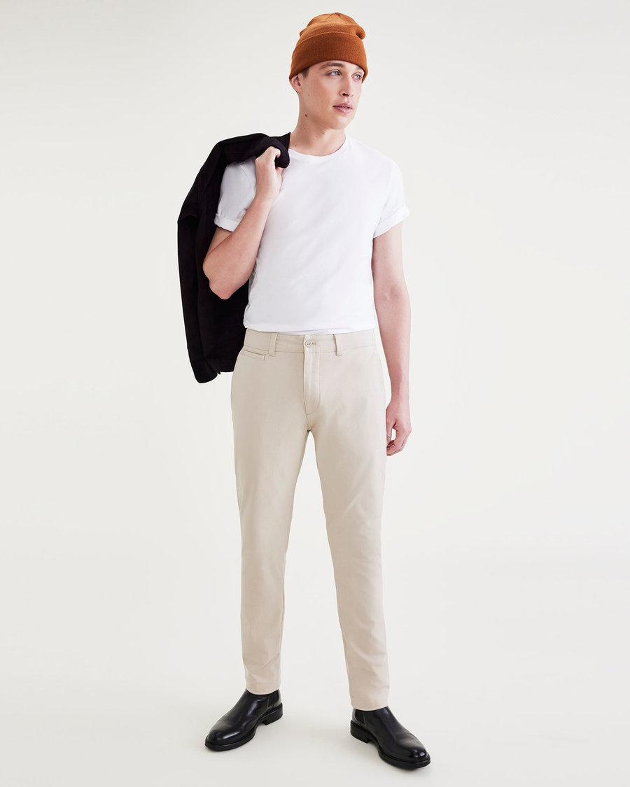 View of model wearing Sahara Khaki Men's Slim Fit Smart 360 Flex California Chino Pants.