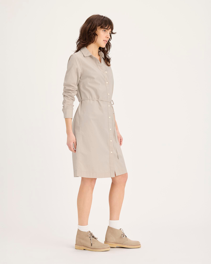 Side view of model wearing Sahara Khaki Midi Shirt Dress, Regular Fit.