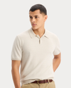 View of model wearing Sahara Khaki Sweater Polo, Regular Fit.