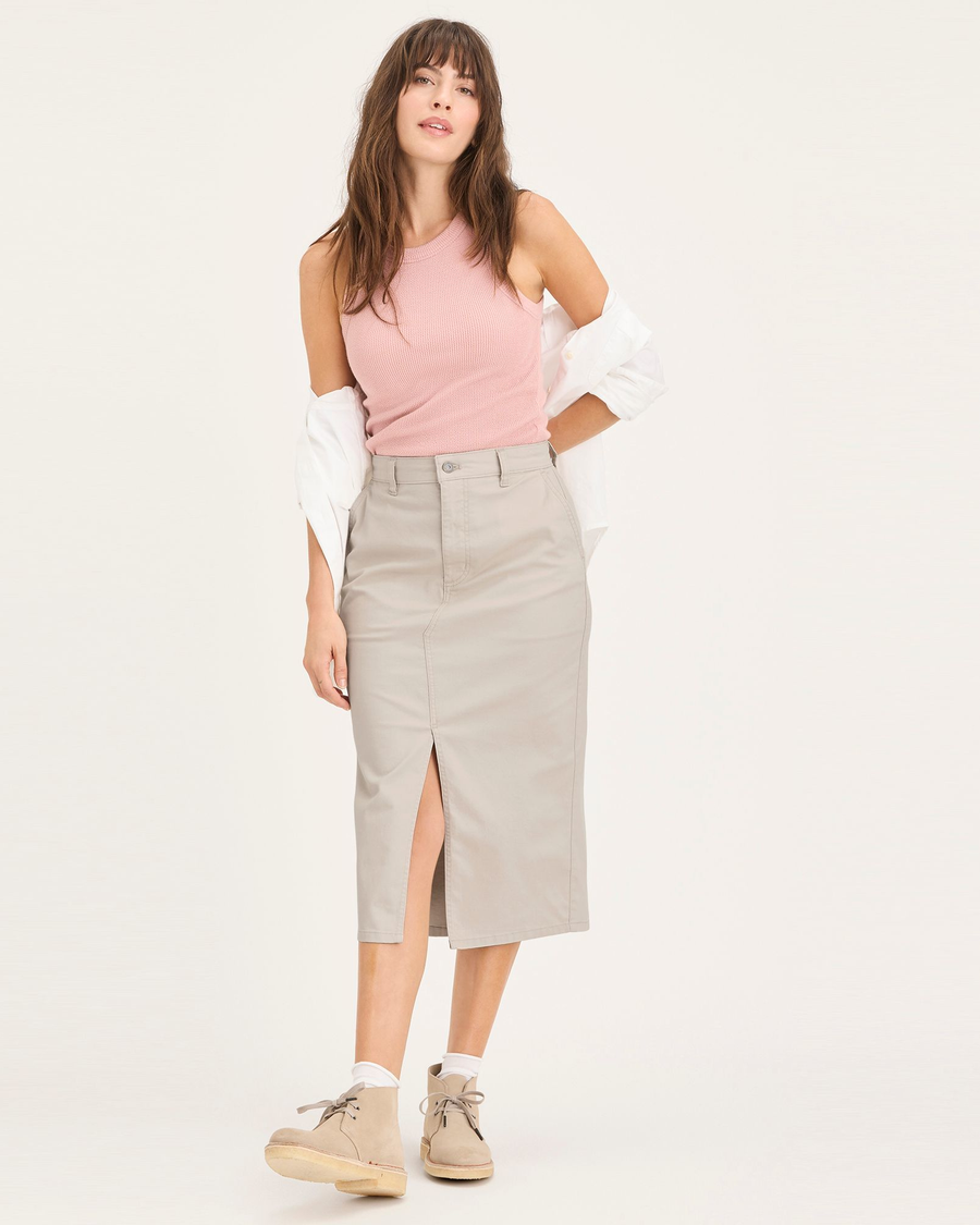 View of model wearing Sahara Khaki Women's Chino Skirt.