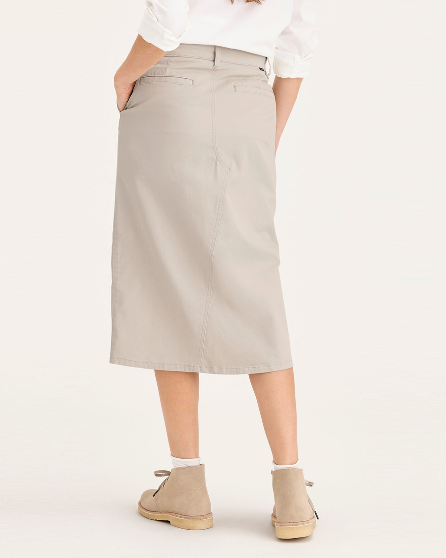 Back view of model wearing Sahara Khaki Women's Chino Skirt.