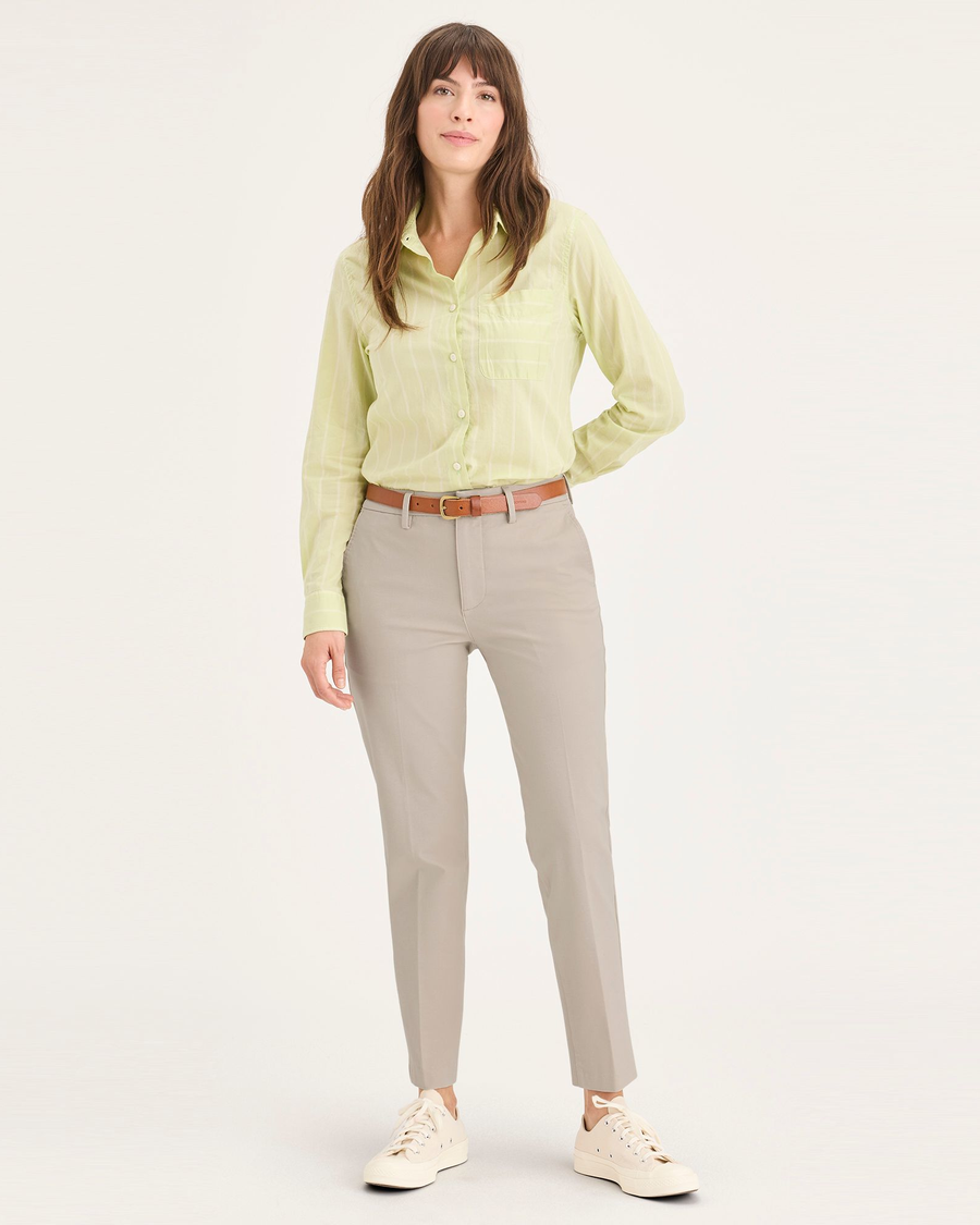 Front view of model wearing Sahara Khaki Women's Mid-Rise Slim Collins Trouser with Sculpt.