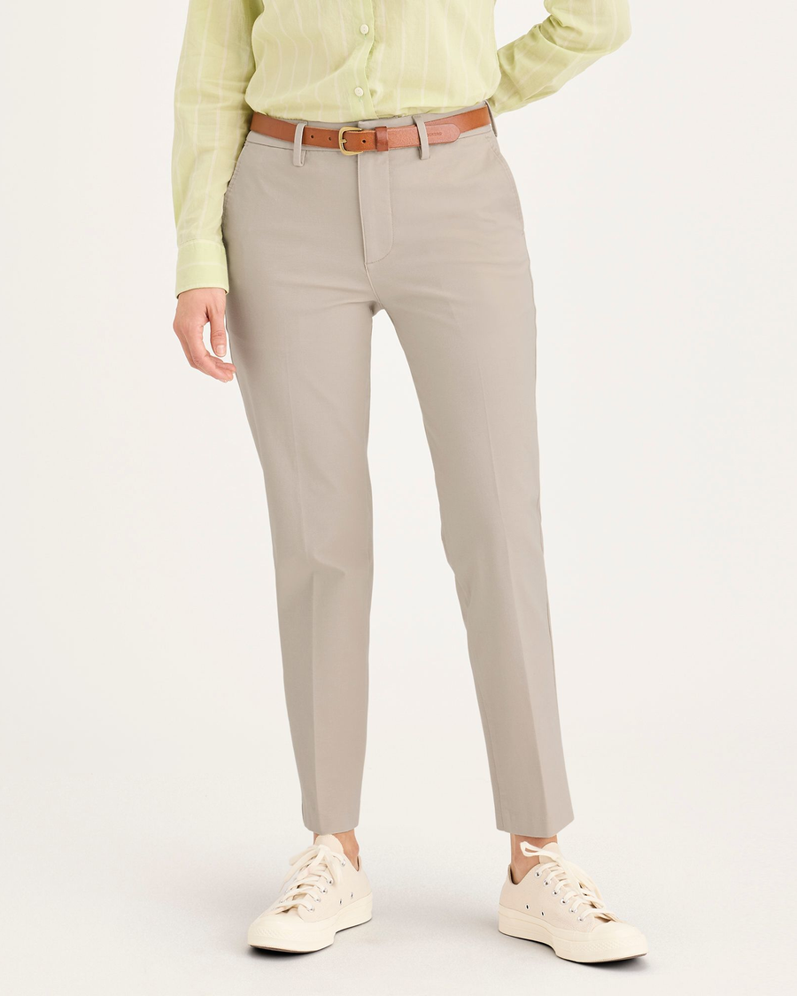 Front view of model wearing Sahara Khaki Women's Mid-Rise Slim Collins Trouser with Sculpt.