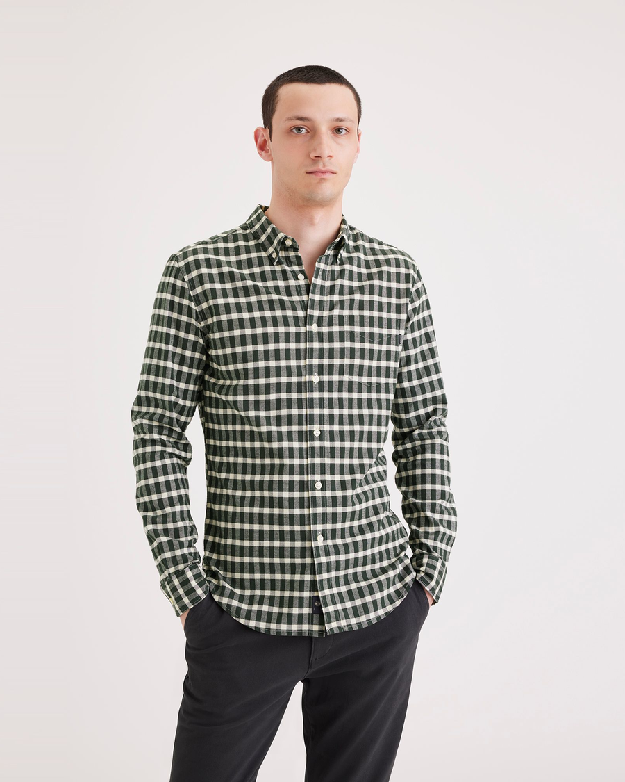 Front view of model wearing Savier Deep Forest Men's Slim Fit 2 Button Collar Shirt.