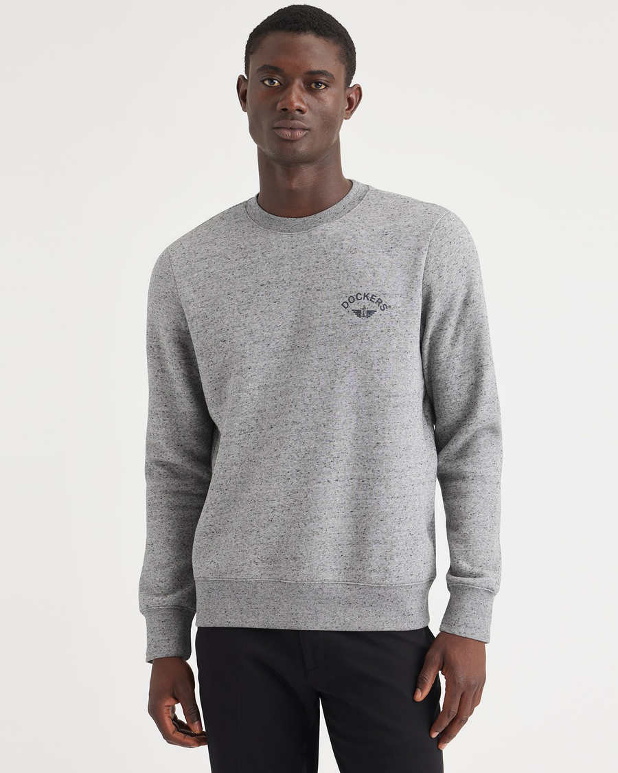 Front view of model wearing Smokestack Heather Men's  Regular Fit Crewneck Sweatshirt.