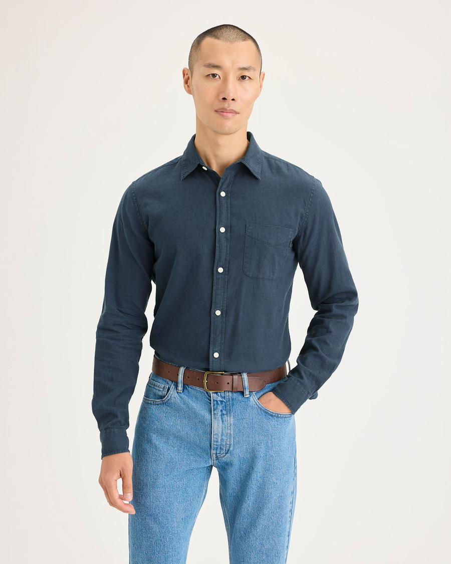 Front view of model wearing Stratified Sea Men's Slim Fit Icon Button Up Shirt.