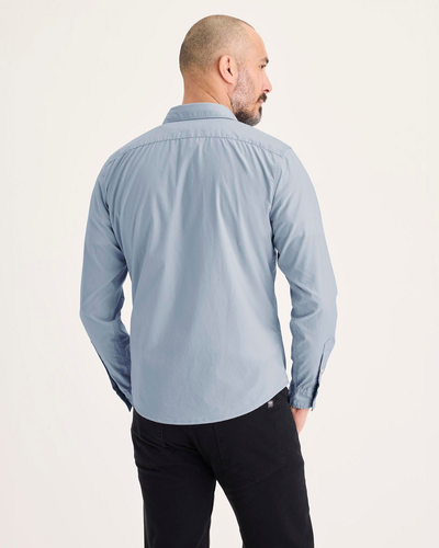 Back view of model wearing Subdued Blue Ultimate Shirt, Slim Fit.