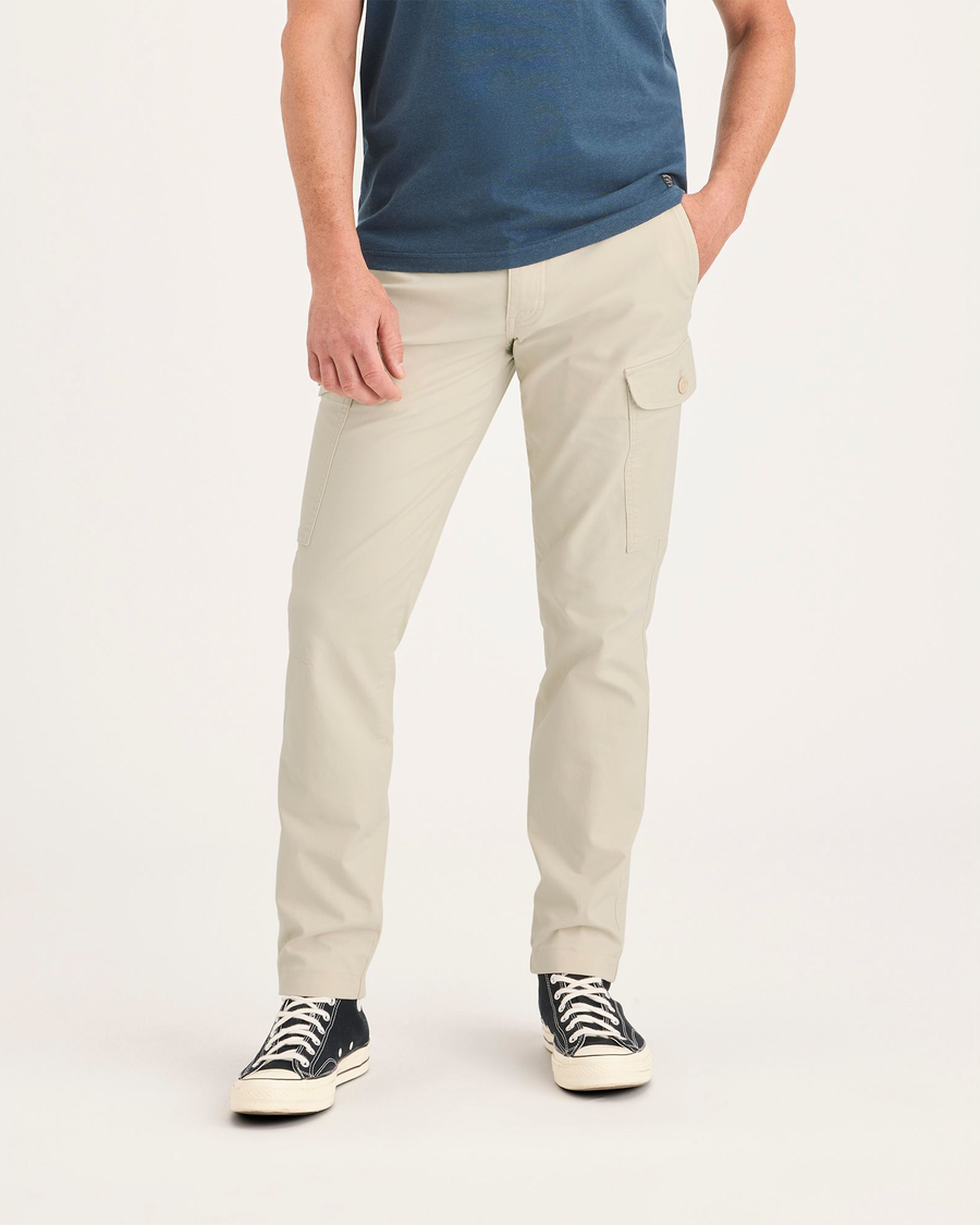 Front view of model wearing Summer Earth Men's Slim Tapered Fit Cargo Pants.