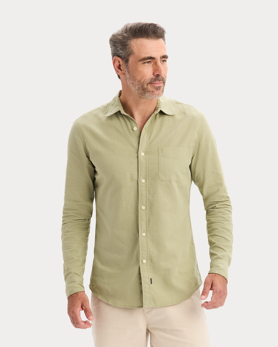View of model wearing Tea Icon Button Up Shirt, Slim Fit.