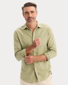 View of model wearing Tea Icon Button Up Shirt, Slim Fit.
