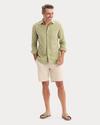 View of model wearing Tea Icon Button Up Shirt, Slim Fit.