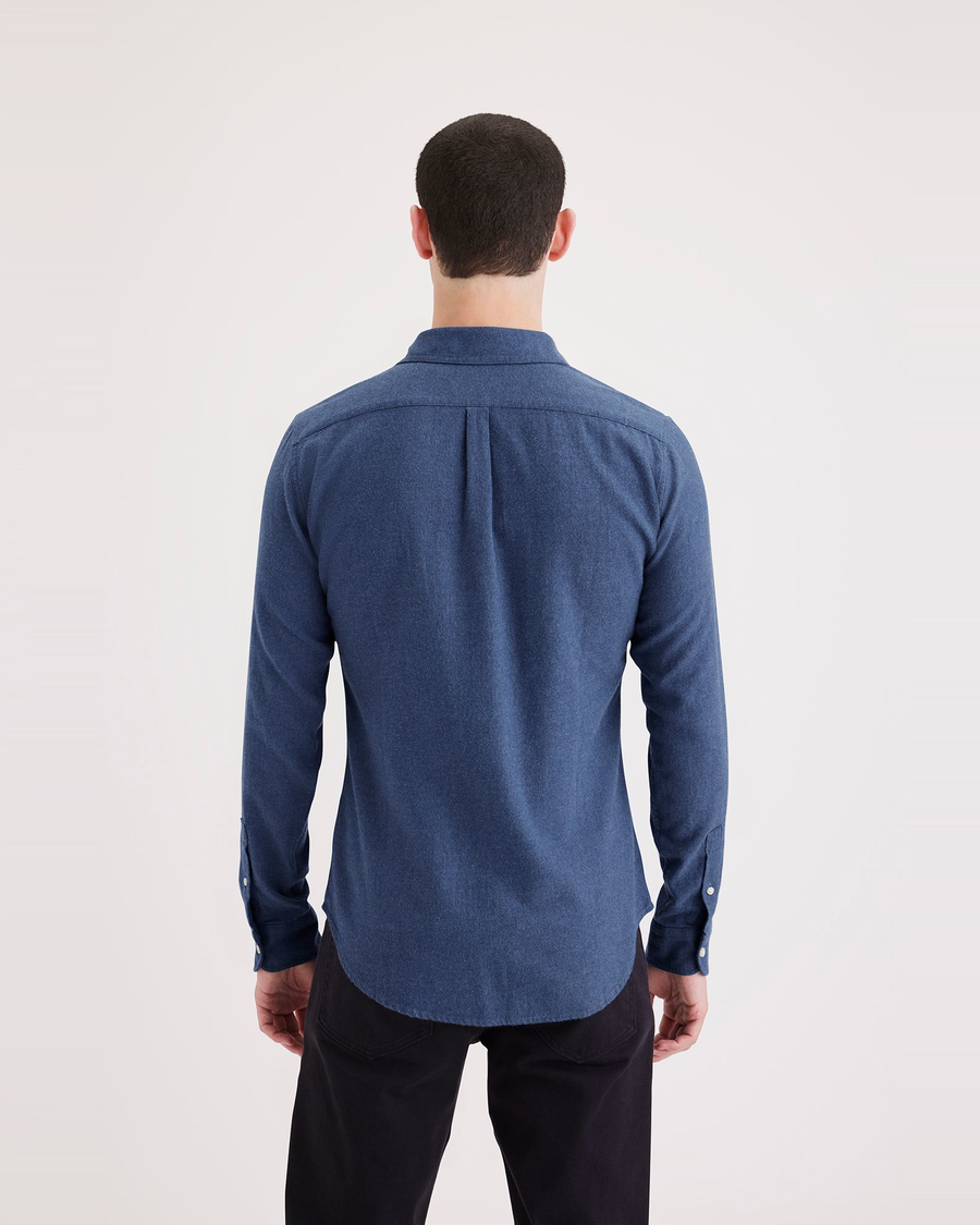 Back view of model wearing Thermax Blue Melange Men's Slim Fit Icon Button Up Shirt.