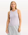 Front view of model wearing Thistle Rib Tank with Loft Knit, Slim Fit.