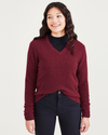 Front view of model wearing Tibetan Red Women's Regular Fit V-Neck Sweater.