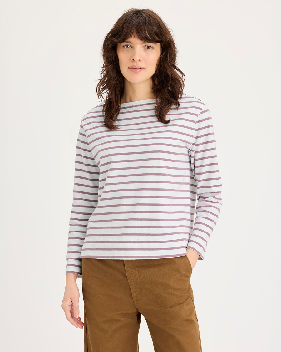 Front view of model wearing Toadstool Boatneck Tee, Regular Fit.