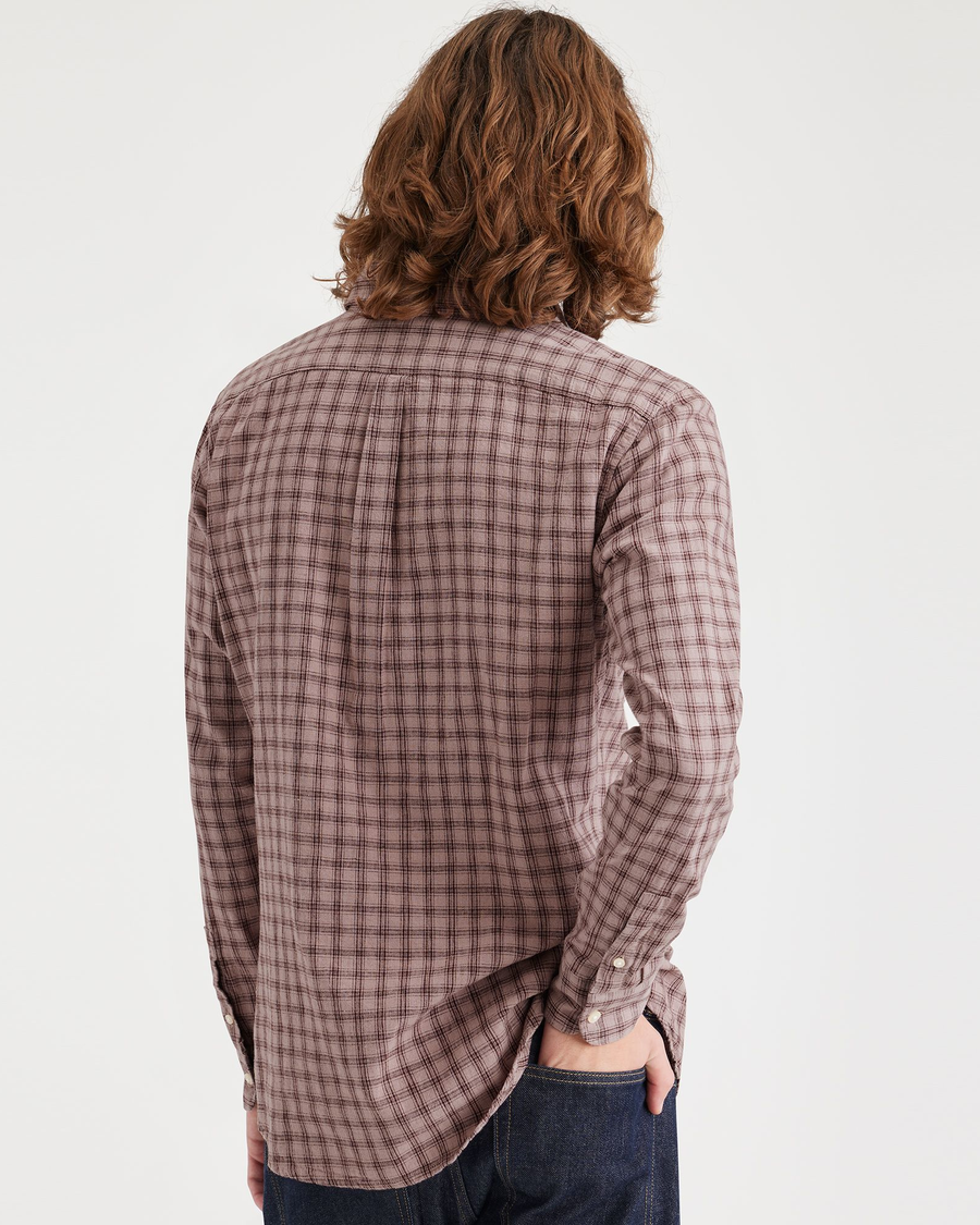 Back view of model wearing Upstream Fawn Men's Slim Fit Icon Button Up Shirt.