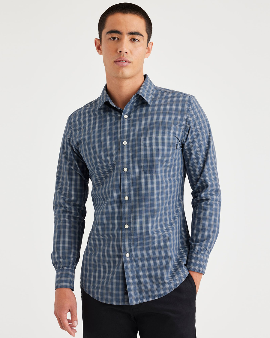 Front view of model wearing Upstream Vintage Indigo Men's Slim Fit Icon Button Up Shirt.