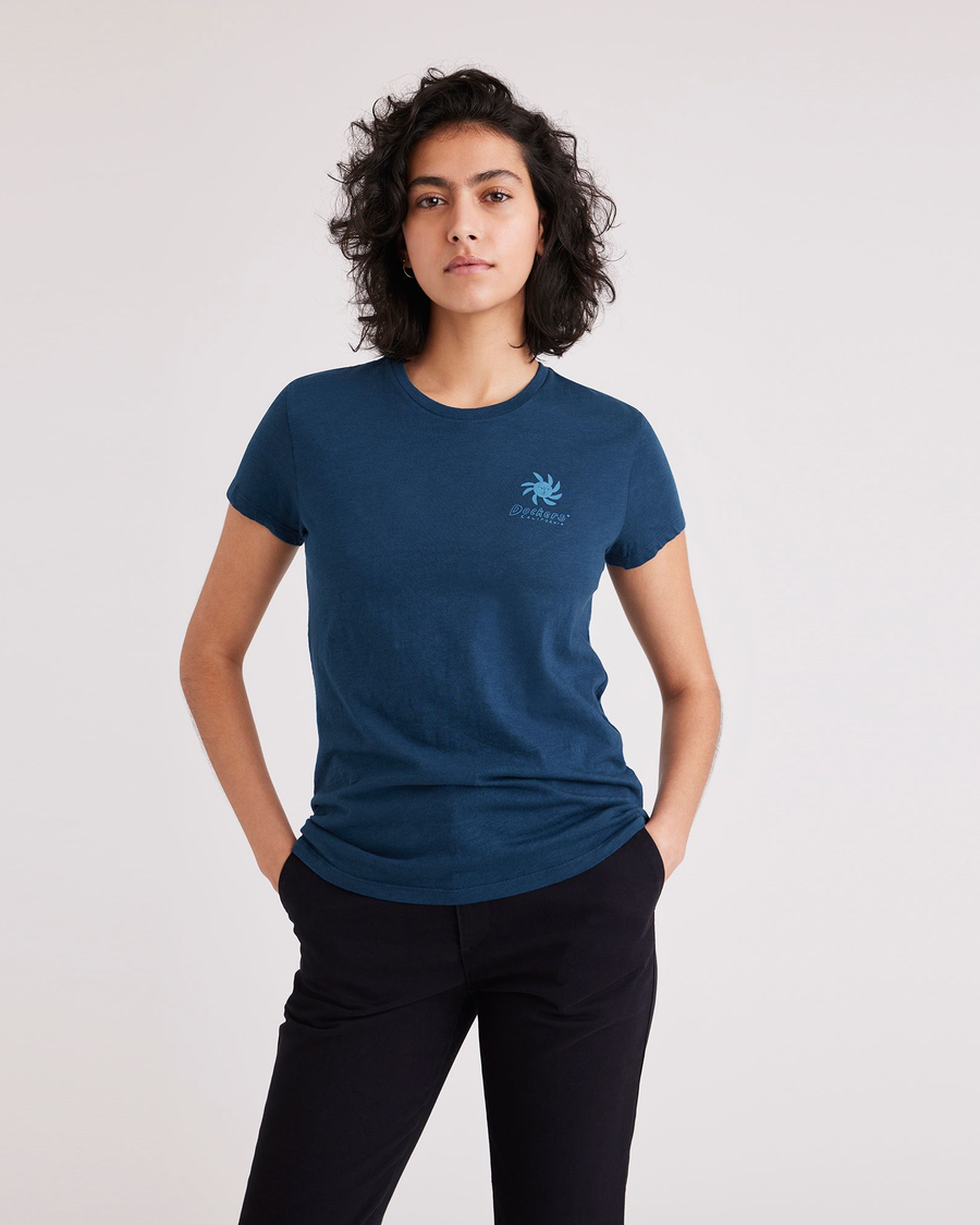 Front view of model wearing Victoria Blue Women's Slim Fit Graphic Tee Shirt.