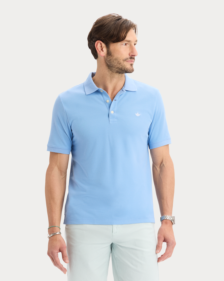 View of model wearing Vista Blue Original Polo, Slim Fit.