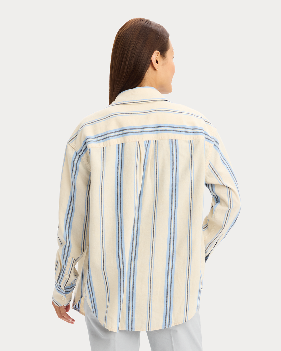 View of model wearing Vista Blue Relaxed Shirt.