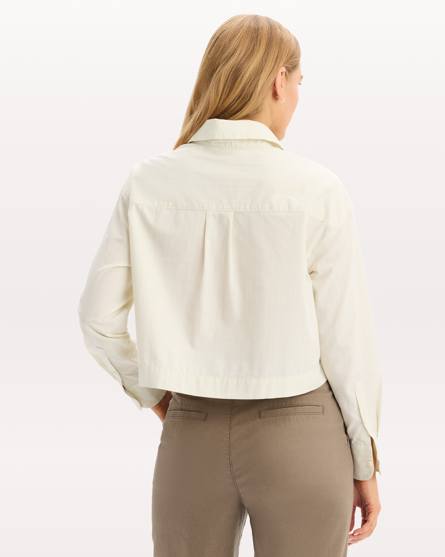 View of model wearing Water Lily Boxy Cropped Shirt, Relaxed Fit.