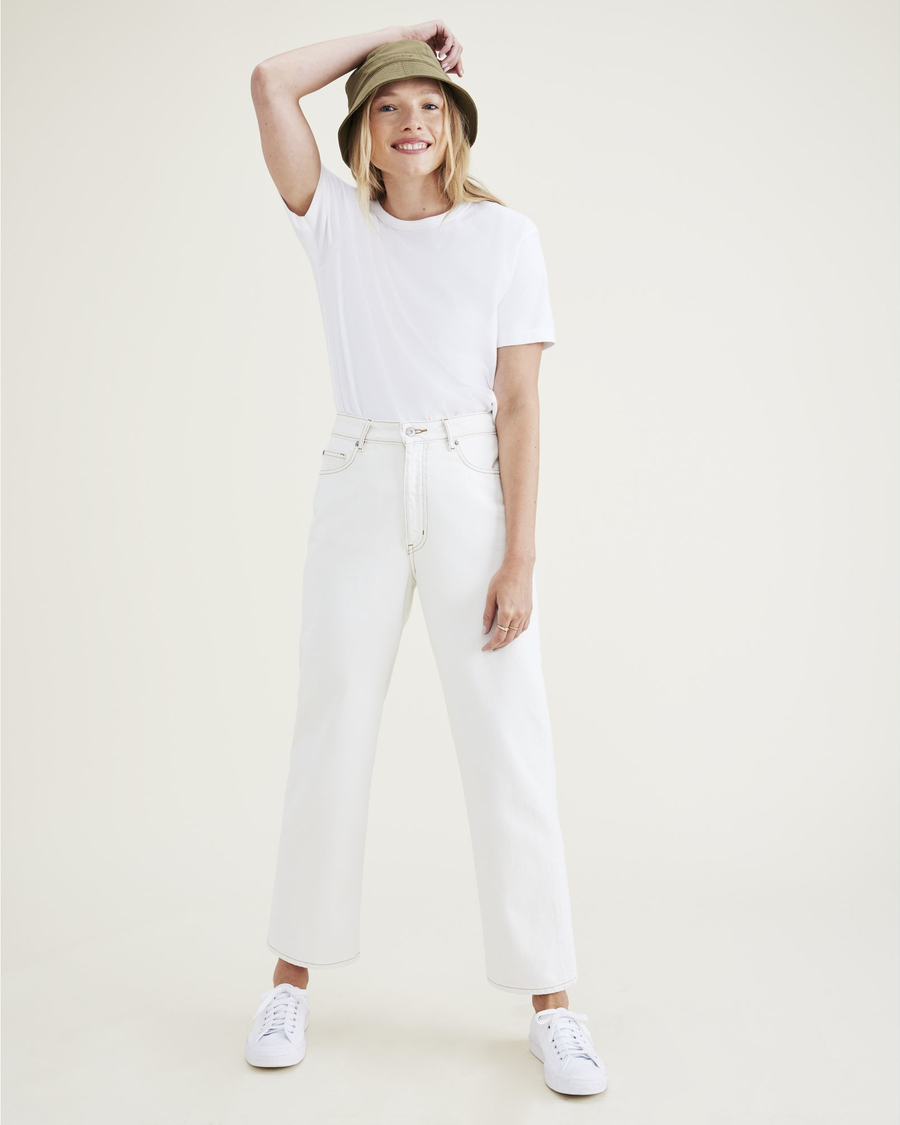 View of model wearing White Garment Dye Women's Straight Fit High Jean Cut Pants.