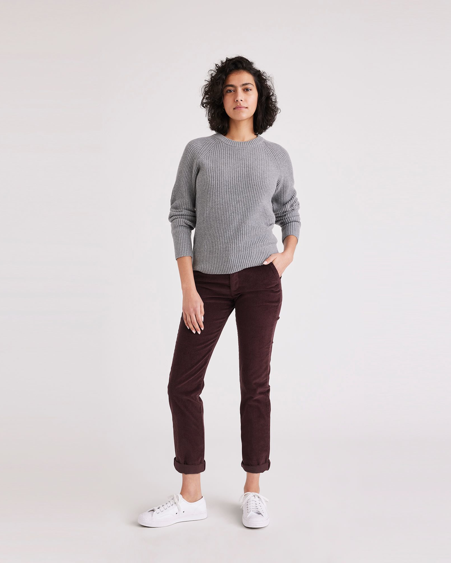 Front view of model wearing Winetasting Women's Slim Fit Weekend Chino Pants.